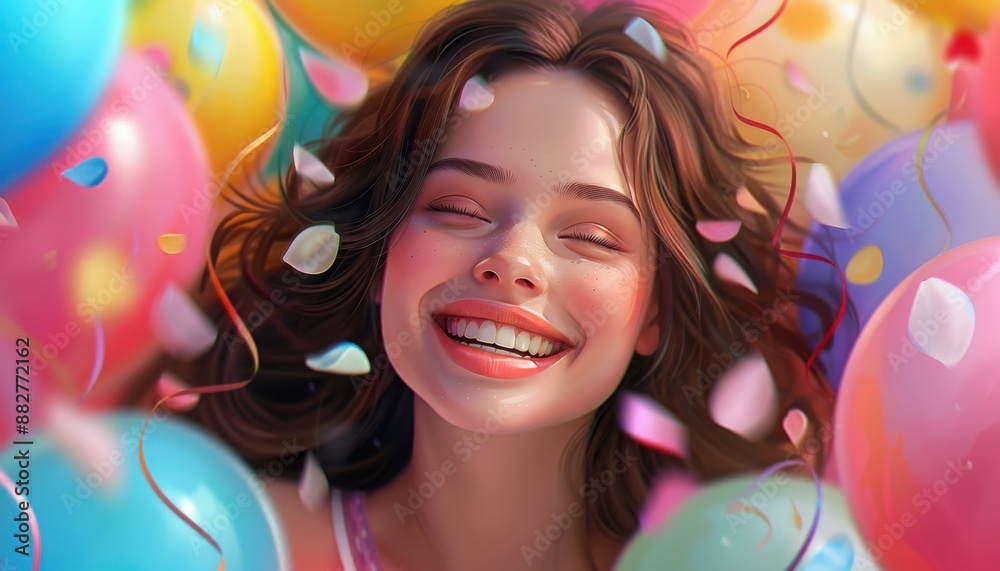Joyful young woman with a radiant smile surrounded by colorful balloons and confetti, celebrating happiness. Joyful young woman with a radiant smile surrounded by colorful balloons and confetti, celebrating happiness.