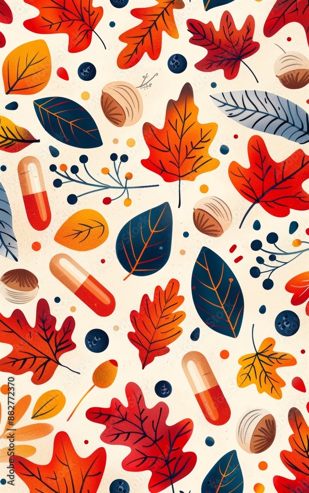 A seamless pattern featuring autumn leaves, berries, nuts, and pills on a white background. A seamless pattern featuring autumn leaves, berries, nuts, and pills on a white background.