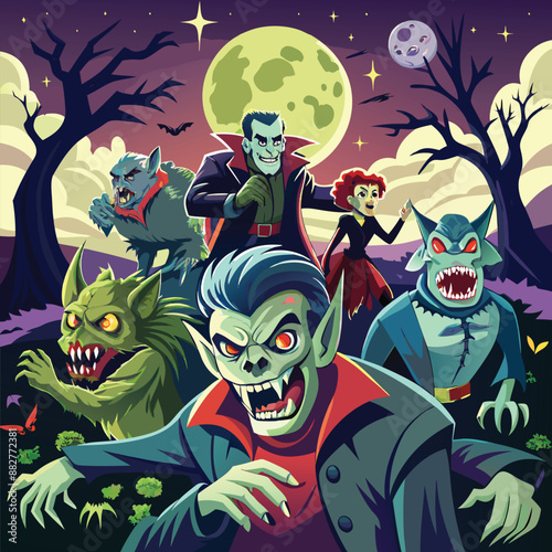 Classic Halloween monsters like vampires with fangs and capes, and werewolves howling at the moon.