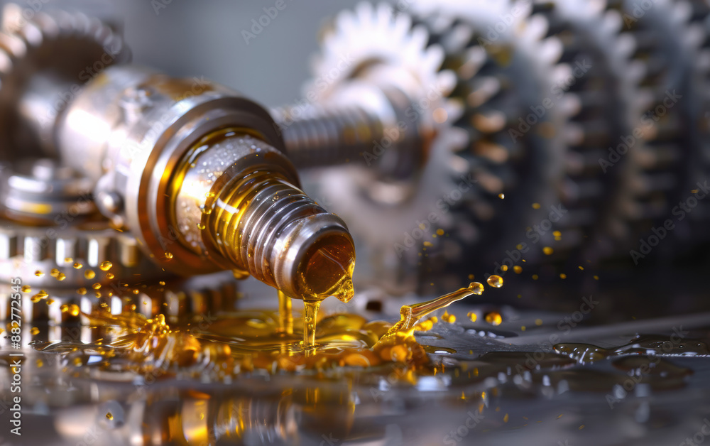 Close-up of lubricating oil flowing over metallic gears, showcasing intricate mechanical components and the importance of machinery maintenance. Close-up of lubricating oil flowing over metallic gears, showcasing intricate mechanical components and the importance of machinery maintenance.