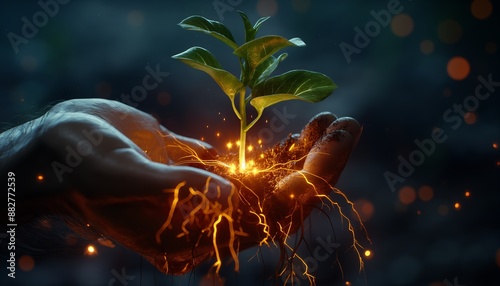 Hand holding a seedling with glowing roots, concept of hope