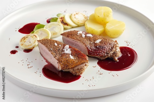 Delicious Duck Breast Dish with Dukkah Crust and Herbaceous Endive photo