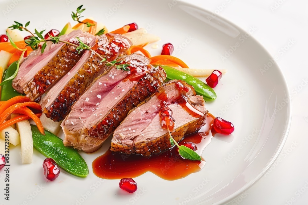 Duck Breast Served with Pomegranate Apple Glaze and Julienned Vegetables Duck Breast Served with Pomegranate Apple Glaze and Julienned Vegetables