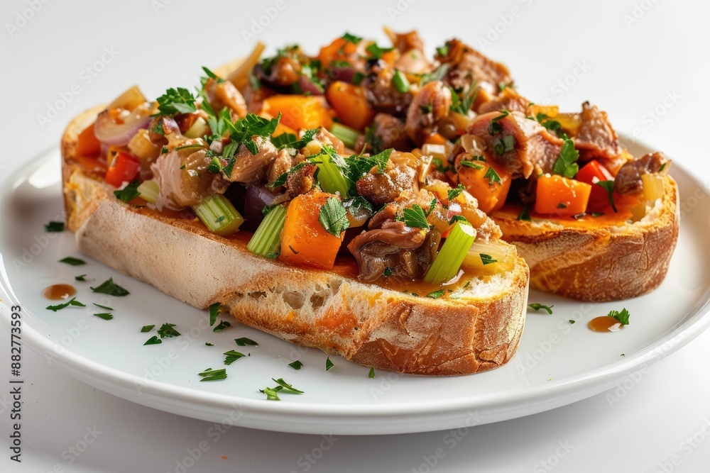 Colorful Duck Confit Hash on Crispy Baguette with Tangy Hoisin Sauce Colorful Duck Confit Hash on Crispy Baguette with Tangy Hoisin Sauce