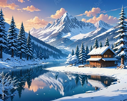 A serene winter landscape with snow-covered trees, a frozen lake, and a cozy cabin surrounded by mountains in the background, anime style  photo