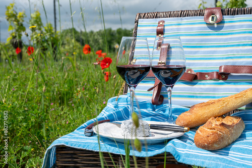 Picnic on old vineyard with red poppies flowers and green grass with glasses of red Cahors wine, cheese and baquette, summer in Cahors wine making region in France, weekend background
