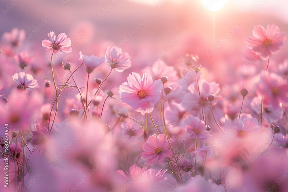 Dreamy Field of Pink Cosmos Flowers at Sunrise Dreamy Field of Pink Cosmos Flowers at Sunrise
