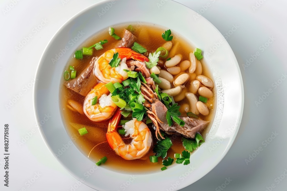 Delicious Duck, Shrimp, and White Bean Soup with Fresh Garnishes Delicious Duck, Shrimp, and White Bean Soup with Fresh Garnishes