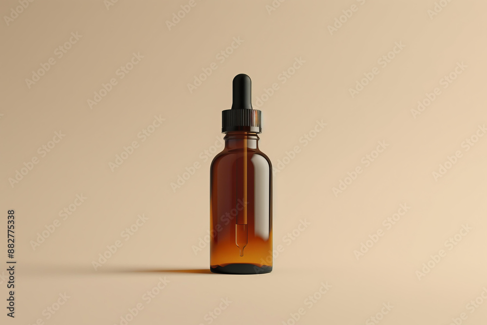 mockup of an elegant amber glass bottle with a black cap and dropper head, placed on a clean surface against a pastel beige background. mockup of an elegant amber glass bottle with a black cap and dropper head, placed on a clean surface against a pastel beige background.