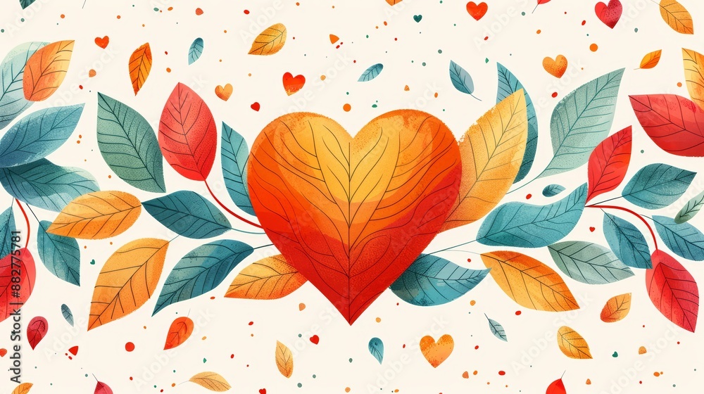 Watercolor heart with autumn leaves and scattered hearts. Perfect for romantic designs or fall celebrations.