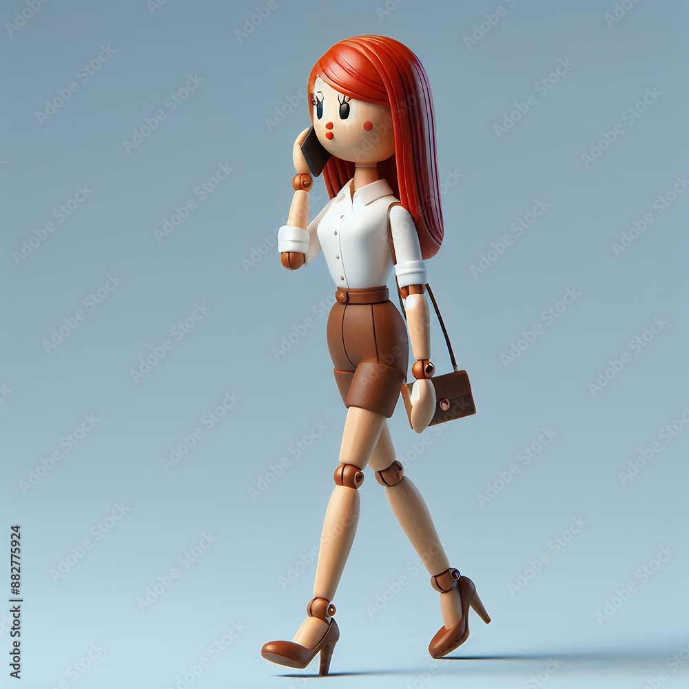 A businesswoman talking to someone over the mobile phone while walking in the co-working office.3d illustration. A businesswoman talking to someone over the mobile phone while walking in the co-working office.3d illustration.