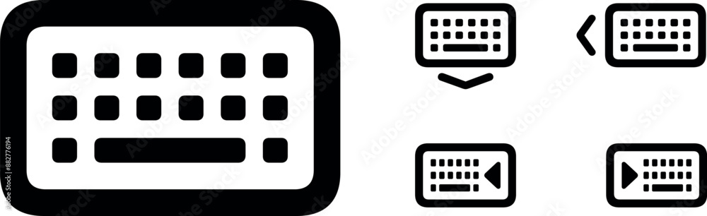 Keyboard icon symbol. Keyboards set of signs with chevron arrow for left hand typing and right hand typing for application, mobile phone and websites. Vector illustration for smartphone UI Keyboard icon symbol. Keyboards set of signs with chevron arrow for left hand typing and right hand typing for application, mobile phone and websites. Vector illustration for smartphone UI