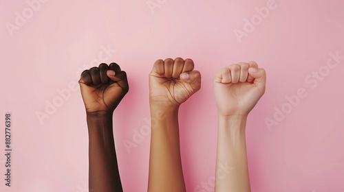 Fighting for women rights, Women hands making fist sign fighting for they rights on pink background