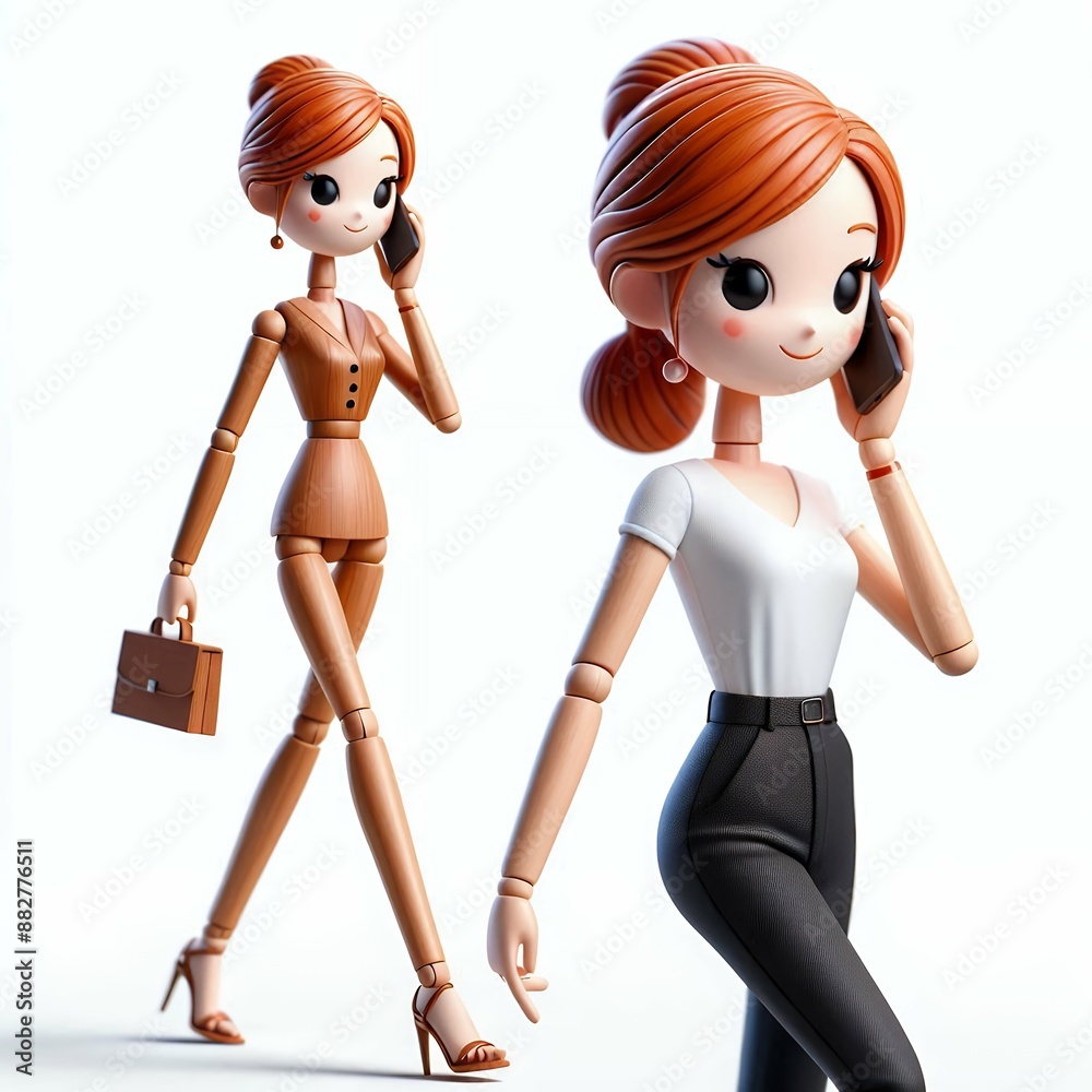 A businesswoman talking to someone over the mobile phone while walking in the co-working office.3d illustration. A businesswoman talking to someone over the mobile phone while walking in the co-working office.3d illustration.