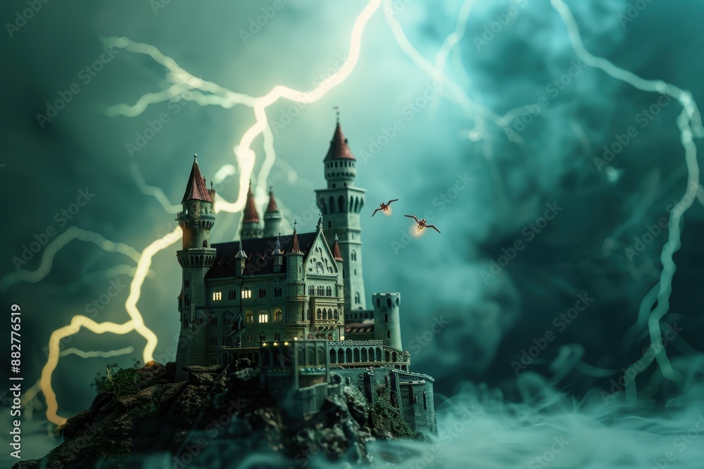 Fototapeta premium A castle is shown in a stormy sky with lightning bolts striking it