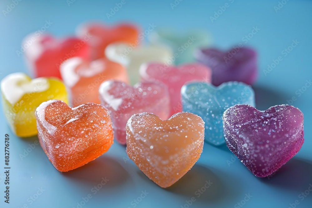 Colorful Heart-Shaped Gummy Candies on a Blue Background Colorful Heart-Shaped Gummy Candies on a Blue Background