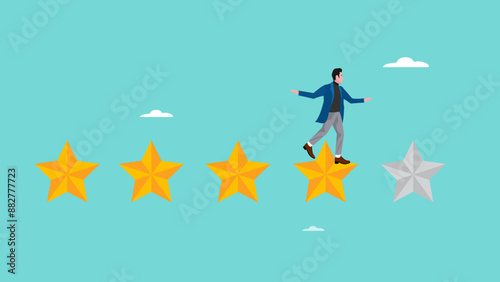 upskilling and reskilling employee to boost productivity or efficiency, motivation to self development, skill enhancement or personal competency, Businessman walking on 5-star rating loading panel