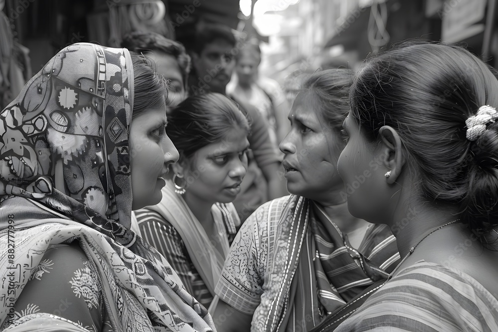 Obraz premium Intense Conversation Among Women in a Bustling Market Street