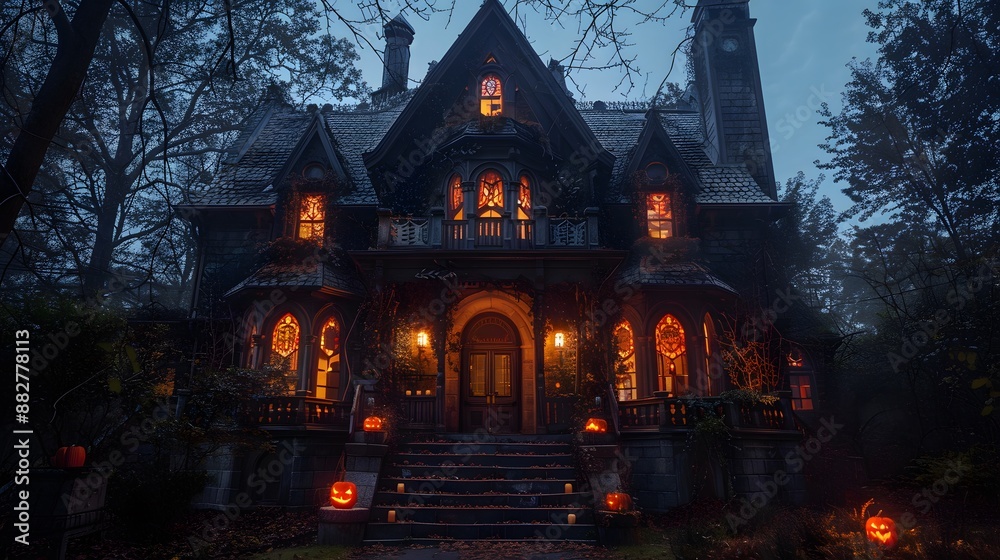 A creepy haunted house with glowing windows and eerie decorations