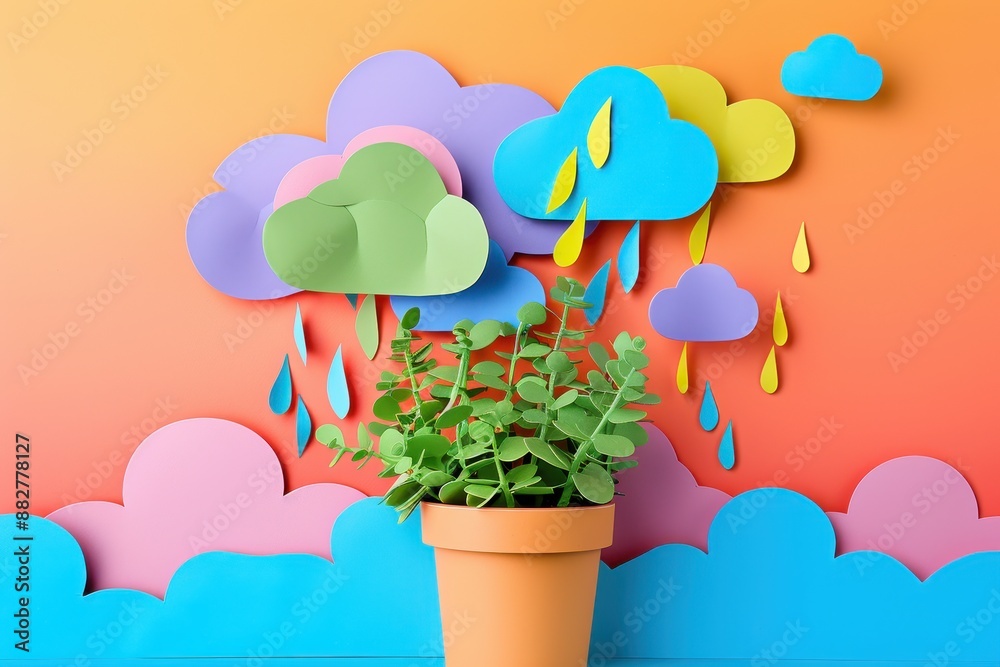 A potted plant sits in a vase with a colorful background of clouds A potted plant sits in a vase with a colorful background of clouds