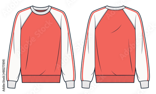 Sweatshirt technical fashion illustration. Raglan Sleeve Sweatshirt fashion flat technical drawing template, round neck, relaxed fit, front, back view, white, neon flare, women, men, unisex CAD mockup
