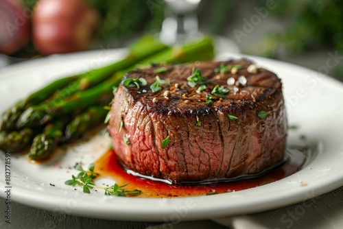 A perfectly grilled filet mignon with an asparagus side, showcasing the rich color and texture of each bite on a white plate. National Filet Mignon Day.