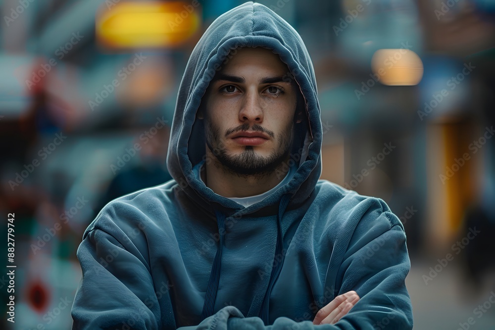 Determined Young Man in a Hoodie Standing in an Urban Setting Determined Young Man in a Hoodie Standing in an Urban Setting