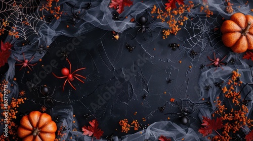 Happy halloween flat lay mockup with spiders, decoration and spider web on black background. Autumn holiday concept composition. Top view with copy space. Generated ai. photo