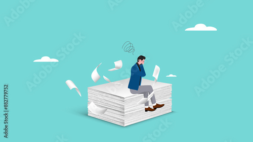 overwork with excessive workload, heavy workload or business burden make depression, burnout and low efficiency, stressed businessman sitting on work task papers that are piled up and scattered around