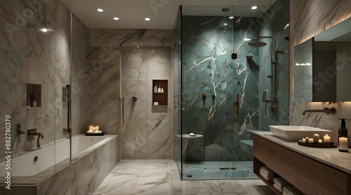 A luxurious spa bathroom with a steam shower, marble bench seating, and built-in speakers for a relaxing ambiance. generative.ai