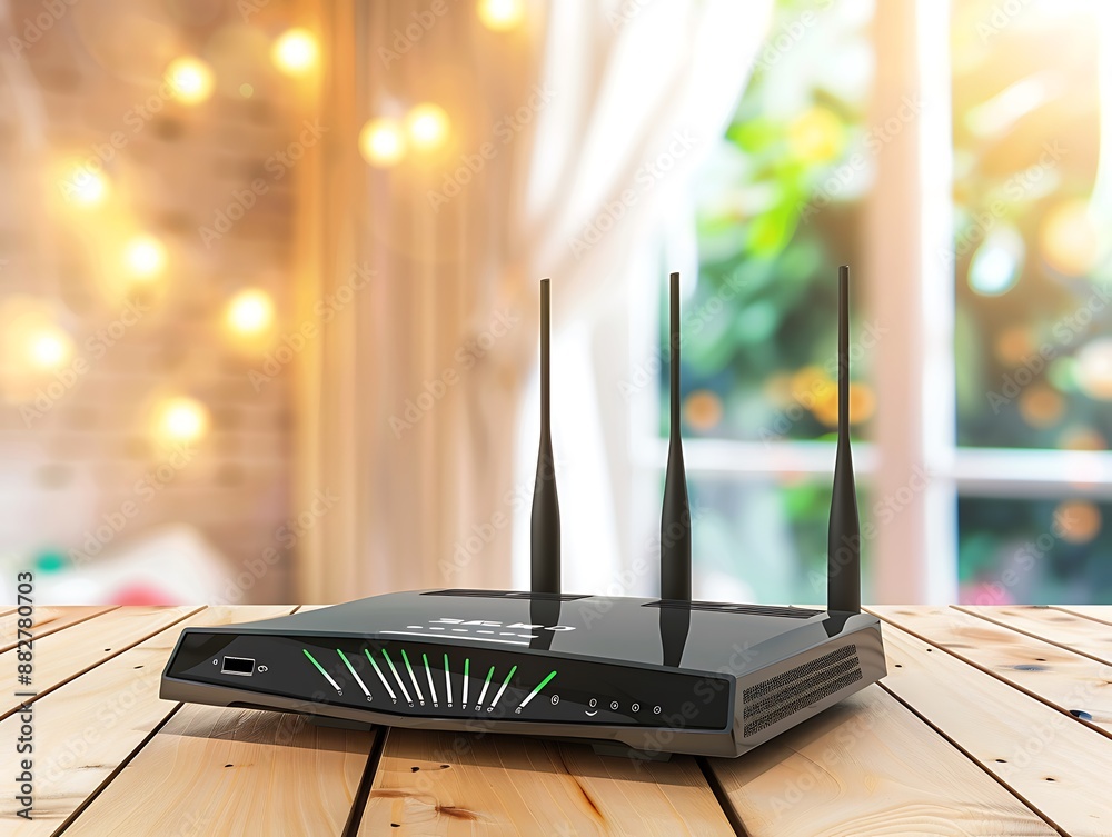 The black Router with Three Antennas on Background The black Router with Three Antennas on Background