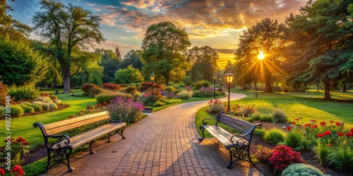 Serene sunset landscape of empty park pathway surrounded by lush green trees, benches and vibrant flowers, evoking feelings of peace and retirees' leisure time. photo