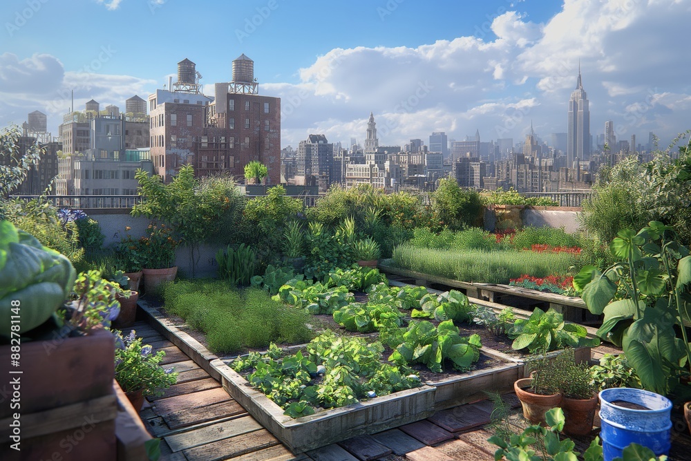 landscape Rooftop garden in the city with plants growing in recycled containers
