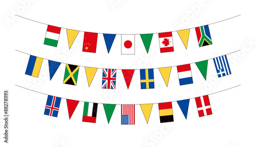 さまざまな国の国旗と、三角形のペナントが交互に連なった国際旗バナーのイラストセット。輪郭線ありの万国旗。