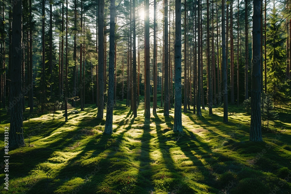 Dense Pine Forest in Sweden with Tall Trees and Moss-Covered Ground, Sunlight Casting Long Shadows on Open Clearing, Eye-Level Shot with Wide-Angle Lens Dense Pine Forest in Sweden with Tall Trees and Moss-Covered Ground, Sunlight Casting Long Shadows on Open Clearing, Eye-Level Shot with Wide-Angle Lens