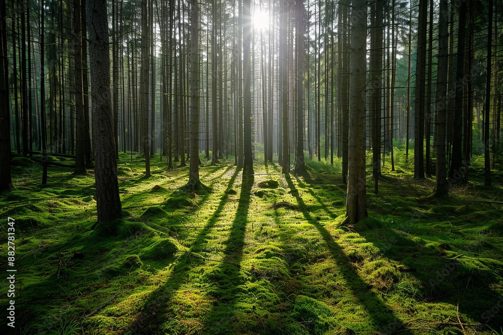 Dense Pine Forest in Sweden with Tall Trees and Moss-Covered Ground, Sunlight Casting Long Shadows on Open Clearing, Eye-Level Shot with Wide-Angle Lens Dense Pine Forest in Sweden with Tall Trees and Moss-Covered Ground, Sunlight Casting Long Shadows on Open Clearing, Eye-Level Shot with Wide-Angle Lens