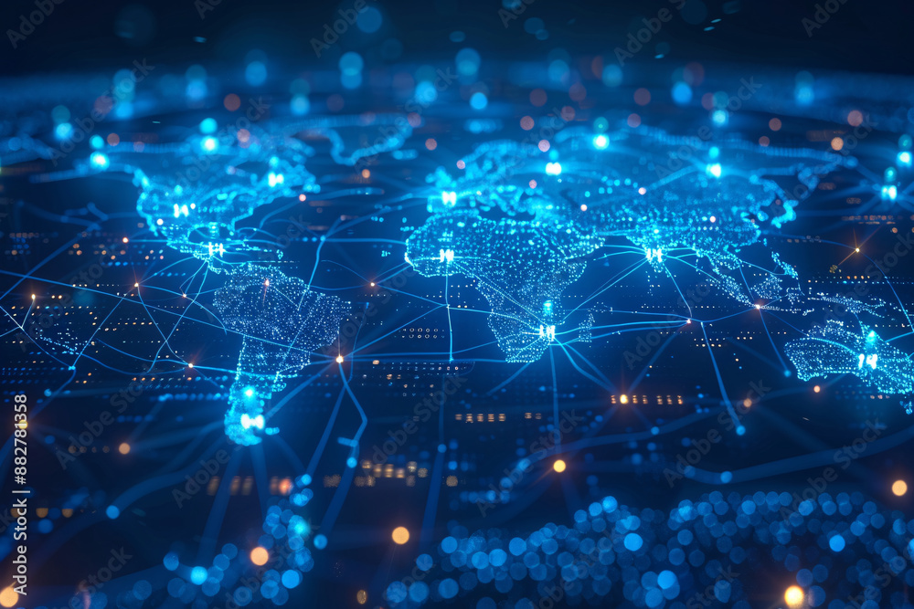 A detailed digital rendering of the world depicted as a network of glowing connections, symbolizing global interconnectedness