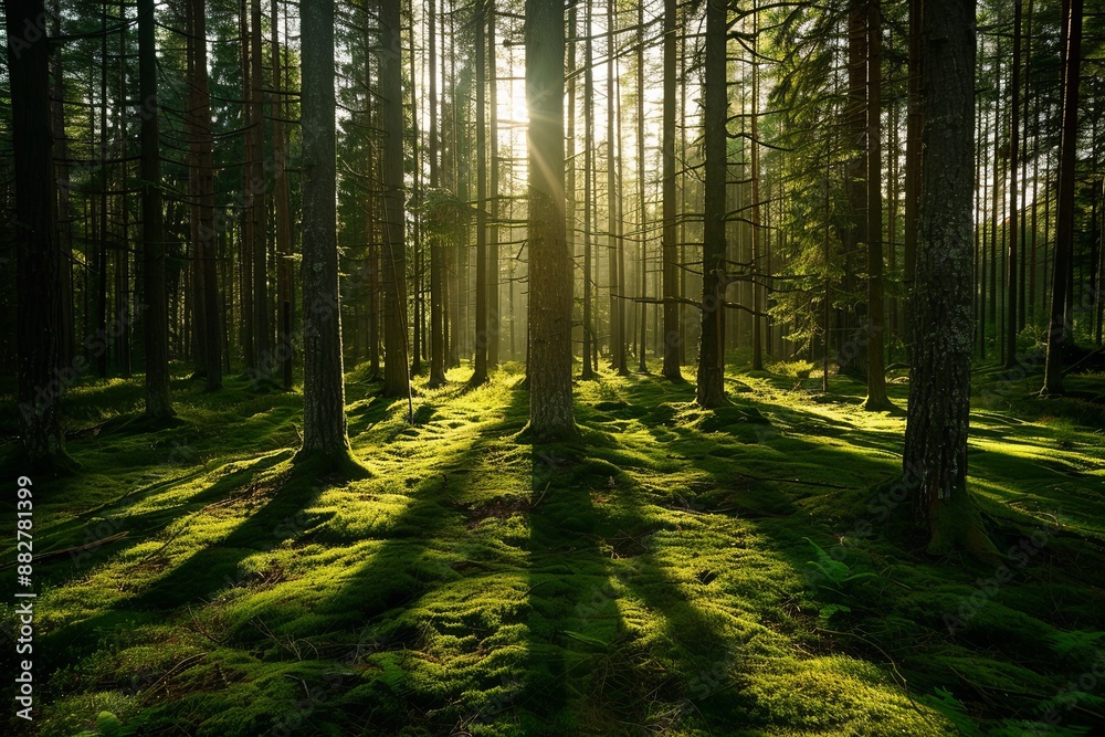 Naklejka premium Dense Pine Forest in Sweden with Tall Trees and Moss-Covered Ground, Sunlight Casting Long Shadows on Open Clearing, Eye-Level Shot with Wide-Angle Lens