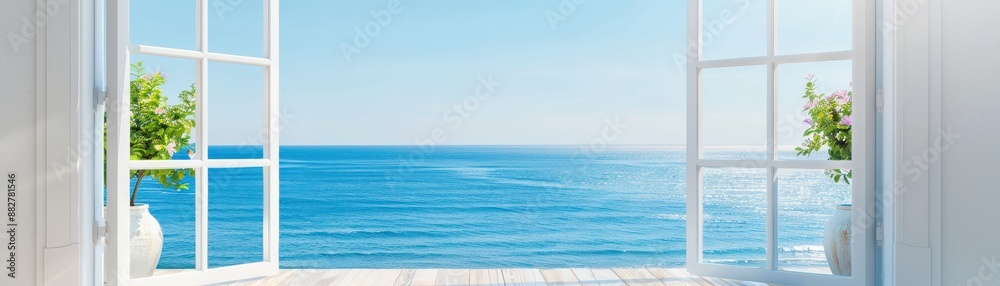Serene ocean view through open white windows. Bright and sunny day, peaceful blue sea, and clear sky create a refreshing and calming atmosphere. Serene ocean view through open white windows. Bright and sunny day, peaceful blue sea, and clear sky create a refreshing and calming atmosphere.