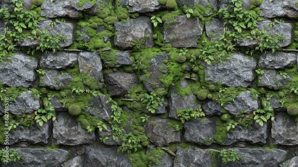 Lush green moss on a rugged stone wall, seamless nature background texture Lush green moss on a rugged stone wall, seamless nature background texture