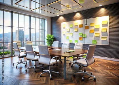 A sleek, modern conference room with a large whiteboard filled with sticky notes and diagrams, surrounded by empty chairs, conveying effective leadership guidance. photo