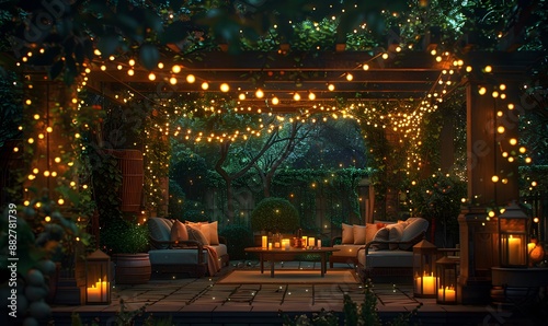 Twilight Terrace Tranquility, A captivating portrayal of a tranquil outdoor terrace illuminated by enchanting string lights, © Lucky Vision