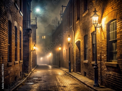 Moody alleyway scene at night, with dense fog swirling around damp brick walls, deserted streetlights casting eerie shadows in a dark urban cityscape. © Sirinporn