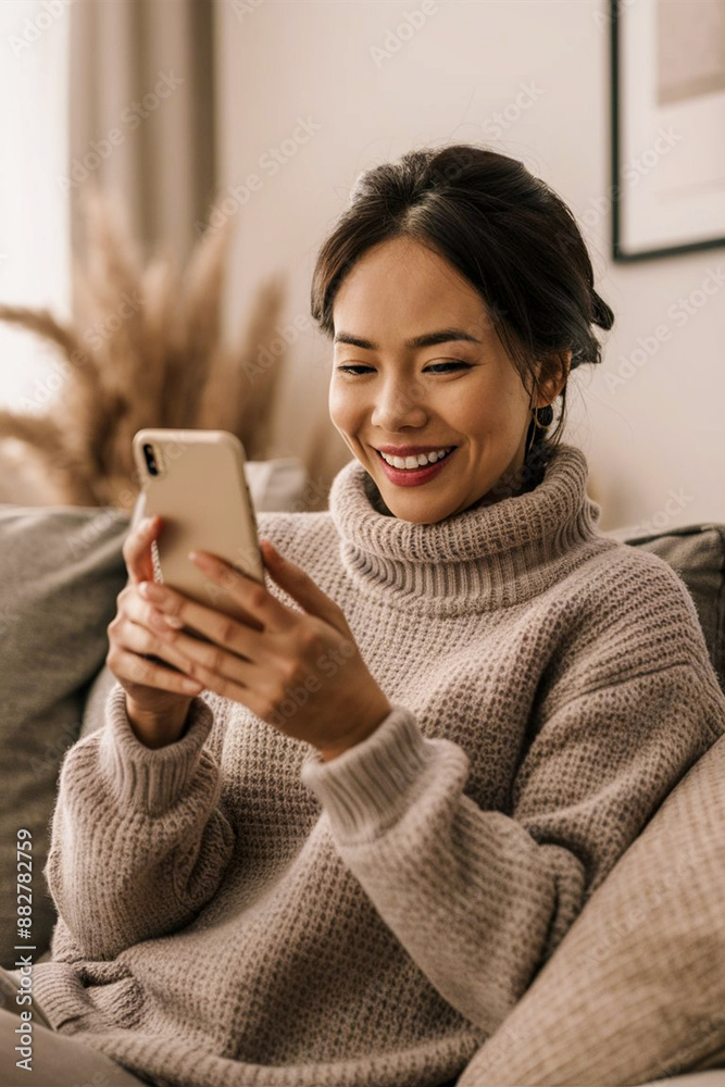 A woman in a sweater sits on the sofa and holds a mobile phone in her hands A woman in a sweater sits on the sofa and holds a mobile phone in her hands