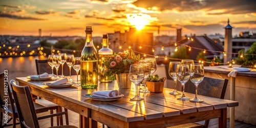 Warm golden light of sunset falls upon an intimate rooftop gathering setup, with empty glasses and bottles awaiting friends to toast to memorable moments together. photo