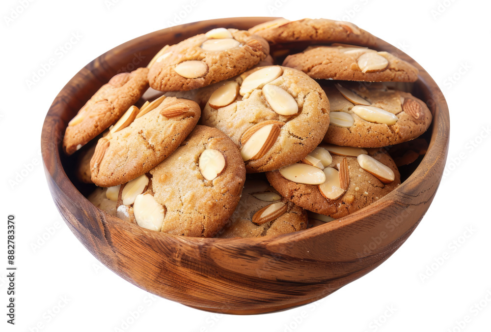 Photo of almond cookies in a wooden bowl isolated on transparent background Photo of almond cookies in a wooden bowl isolated on transparent background