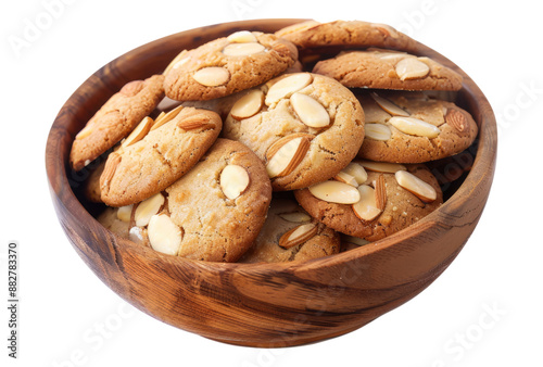 Photo of almond cookies in a wooden bowl isolated on transparent background