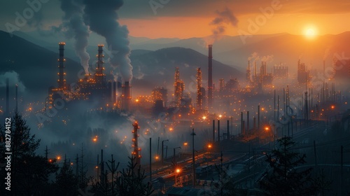 Industrial cityscape at sunset - generative ai