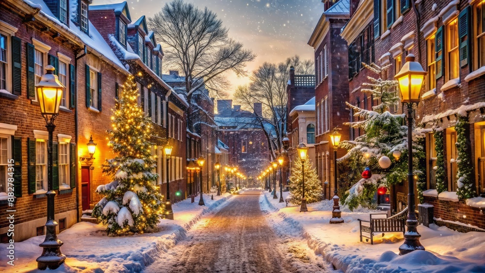 Snowflakes gently fall on a charming winter city street, lined with historic buildings, twinkling streetlights, and festive decorations, awaiting the arrival of a solo adventurer. Snowflakes gently fall on a charming winter city street, lined with historic buildings, twinkling streetlights, and festive decorations, awaiting the arrival of a solo adventurer.