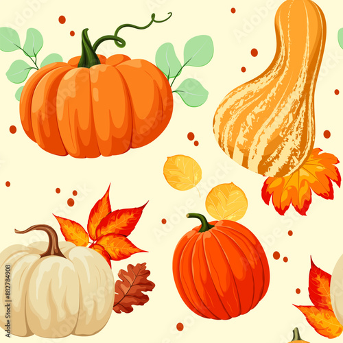 Autumn seamless pattern with weaves and leaves. A cozy illustration.

